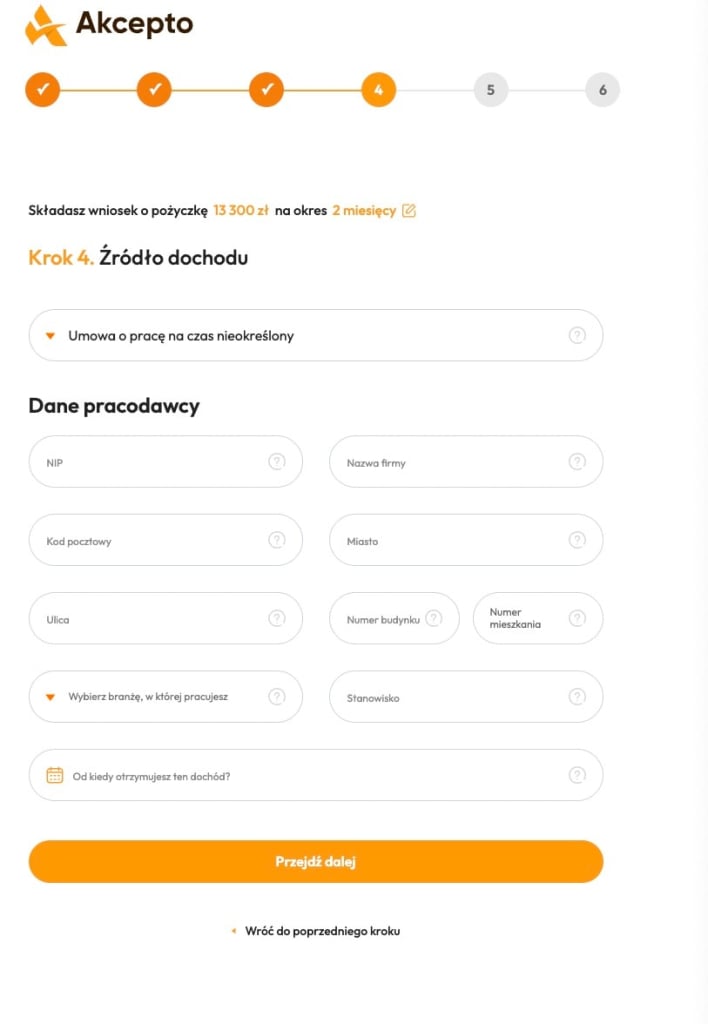 akcepto wniosek pożyczkowy dane finansowe