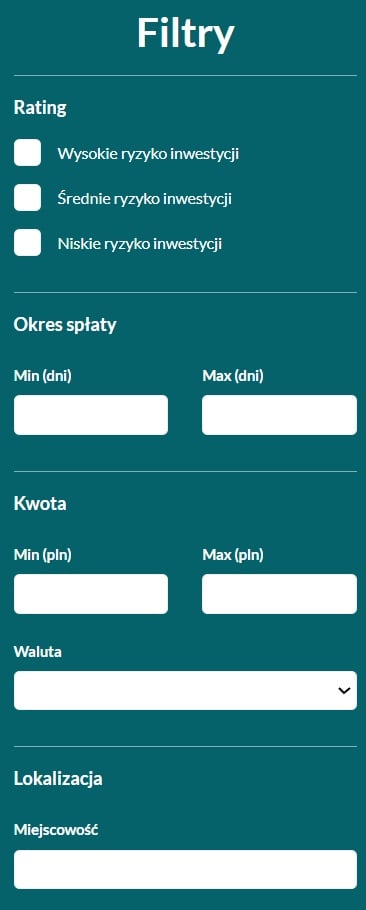 Filtrowanie pożyczek w Aureus - screen
