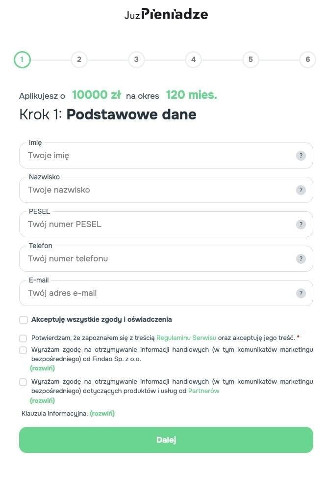 formularz pożyczkowy w juzpieniadze