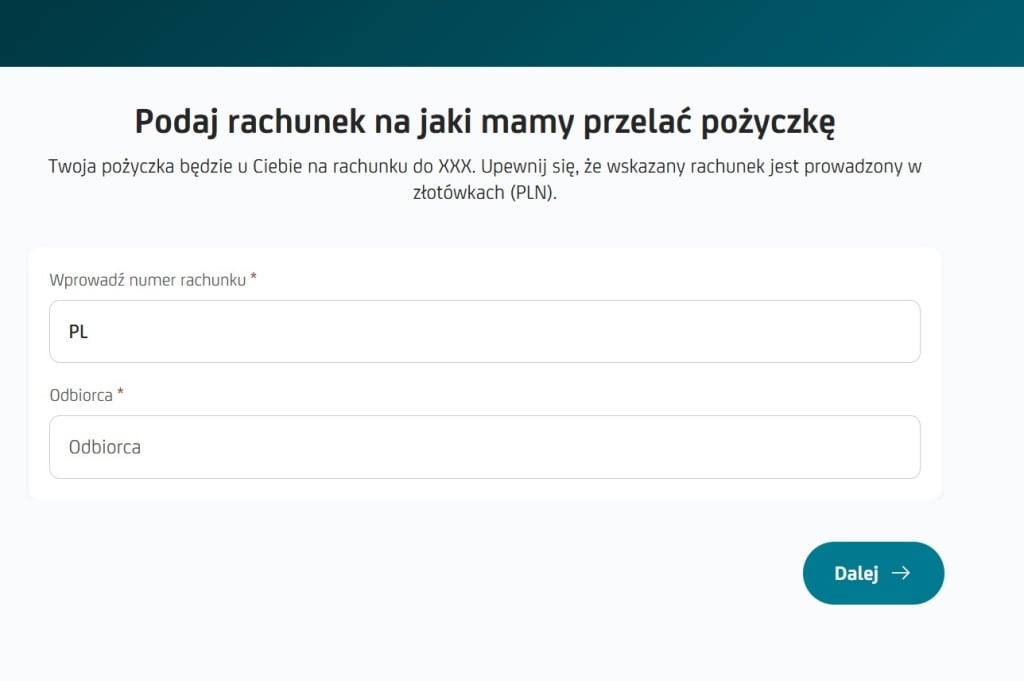 numer rachunku w formularzu kredytowym