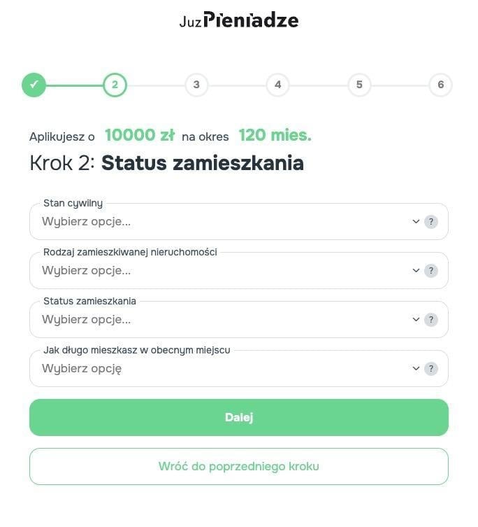krok 2 formualarza na juzpieniadze