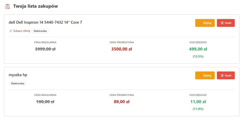 przykład listy zakupów w planerze