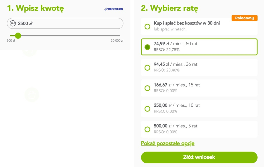 wybór kwoty i rodzaju raty w oneyraty