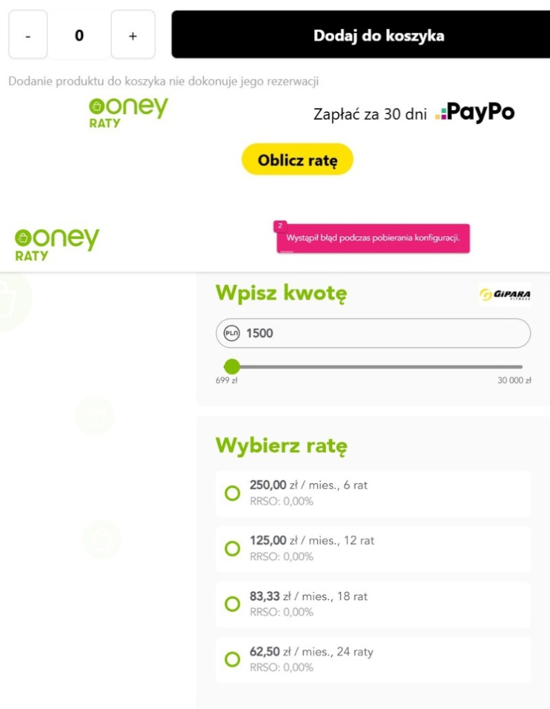 tak wygląda rozłożenie na OneyRaty zakupów w sklepie internetowym gipara.pl
