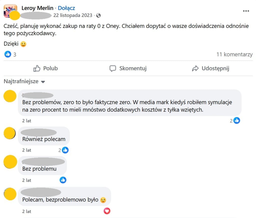 Opinie o OneyRaty z FB