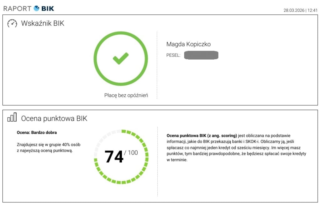 ocena punktowa BIK (prawdziwy raport naszej ekspertki w Czerwona Skarbonka)