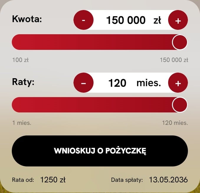 Kalkulator pożyczki w serwisie YouKredyt — zakres 100 zł – 150 000 zł, raty 1–120 miesięcy