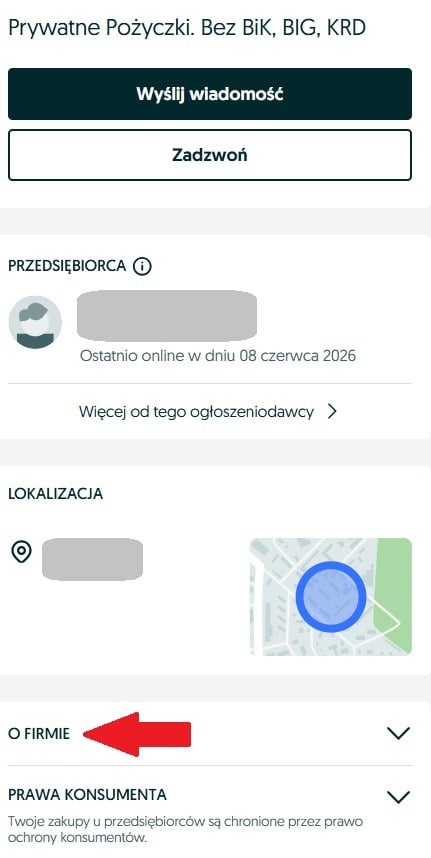 przykład ogłoszenia z prywatną pożyczką na olx