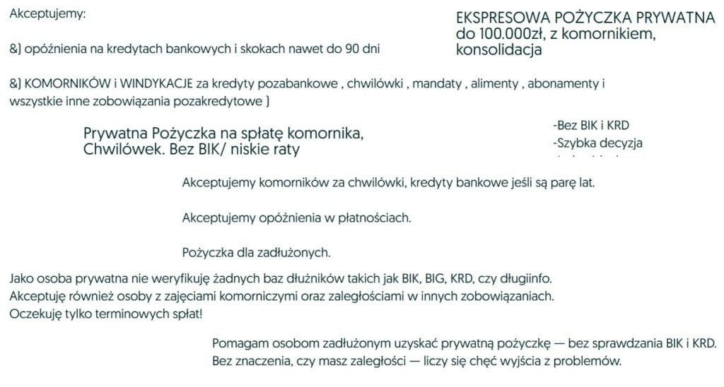 fragment ogłoszenia z ofertą prywatnej pożyczki na olx