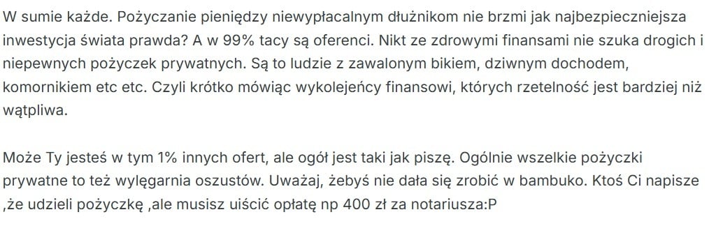 wypowiedź użytkownika na temat pożyczek prywatnych