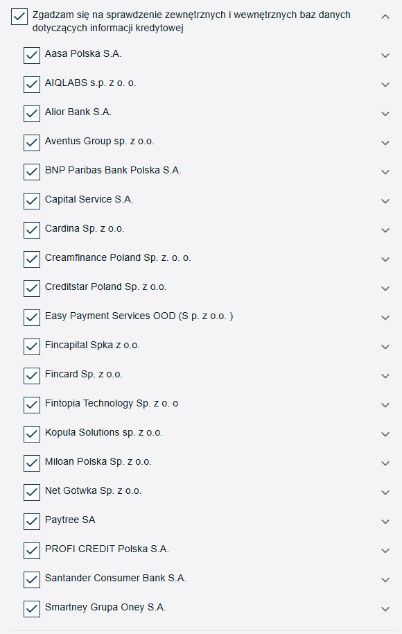Lista zgód na sprawdzenie baz danych w formularzu Monetry