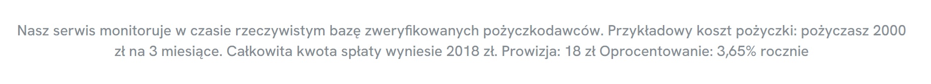 Przykładowy koszt pożyczki na stronie Monetry
