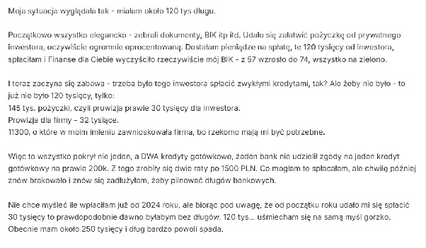 Wypowiedź na forum opisująca wzrost zadłużenia ze 120 do 250 tysięcy złotych