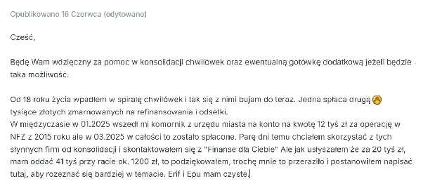 Wypowiedź na forum: za 20 tysięcy złotych finansowania do oddania 41 tysięcy