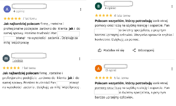 Cztery niemal identyczne opinie 5-gwiazdkowe o Finanse dla Ciebie w Google