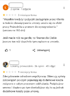 Dwie opinie 1-gwiazdkowe o Finanse dla Ciebie z cytatem klauzuli o umowie na 150 dni