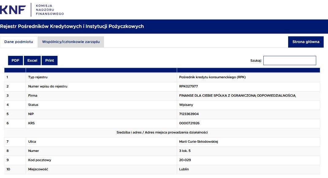 Wpis Finanse dla Ciebie w rejestrze KNF z nieaktualnym lubelskim adresem